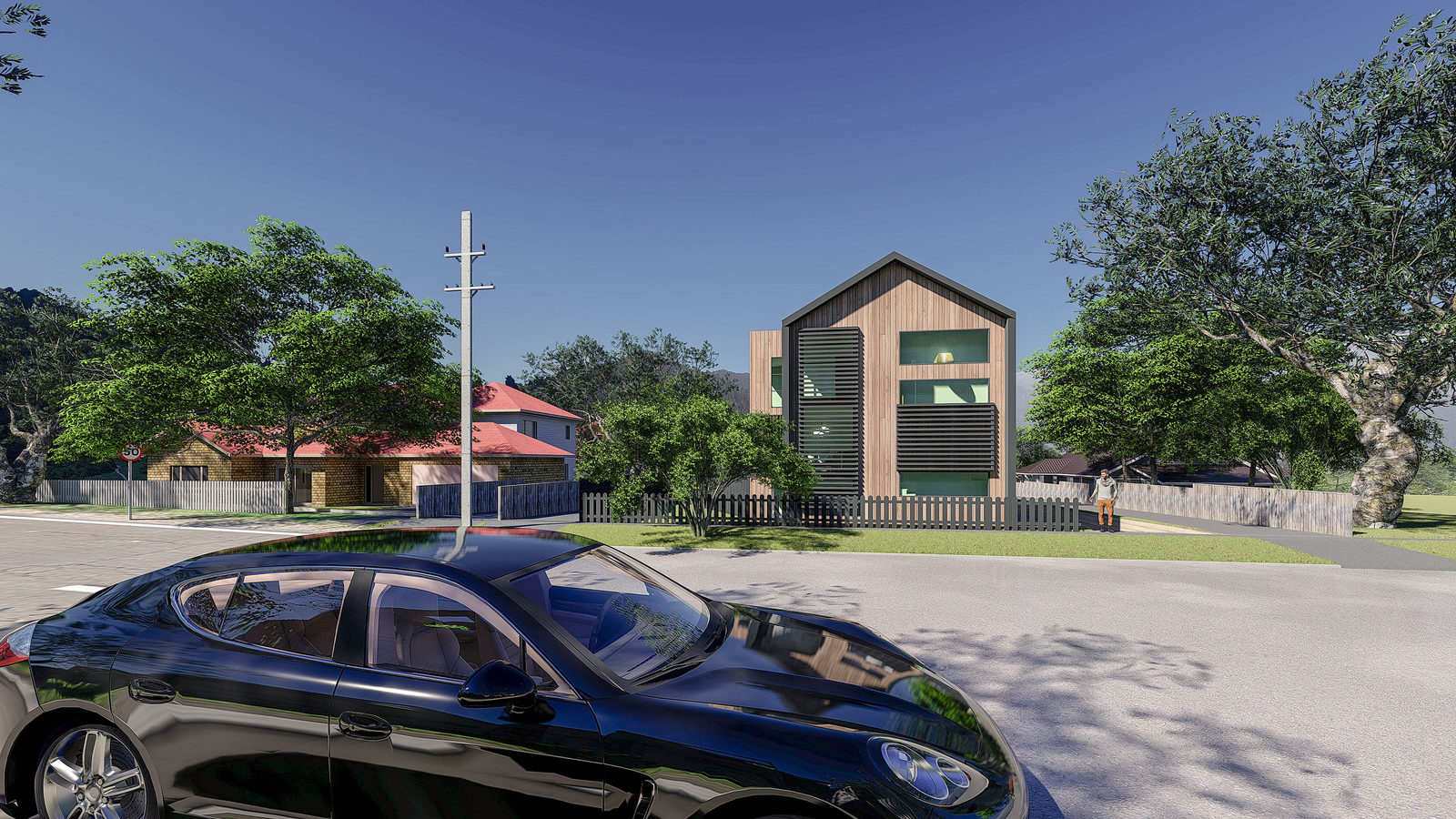 Design render of the end unit from the street with a car at the kerb, Takapuna