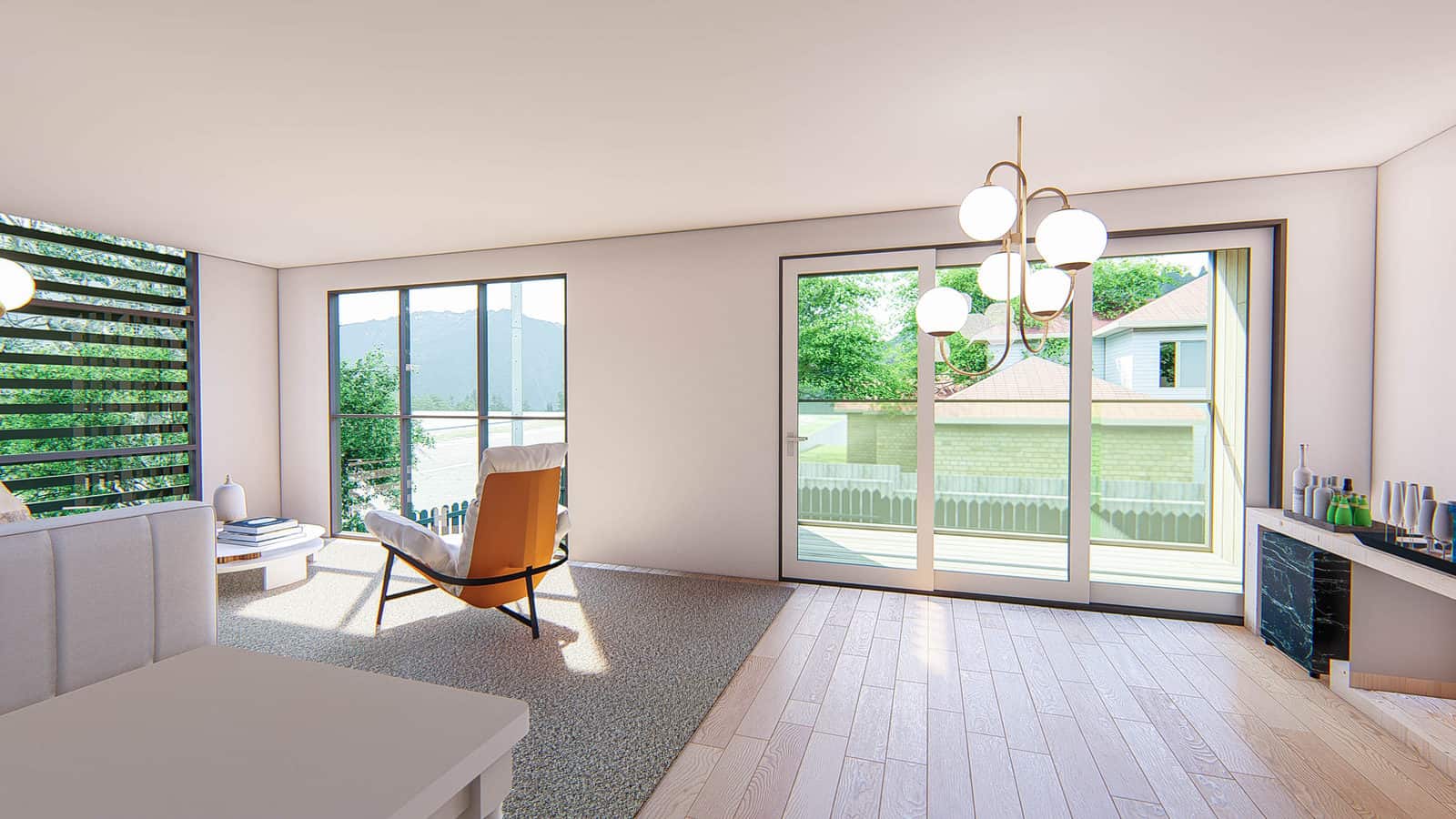 Design render of a living room with sliding doors onto the garden, Takapuna