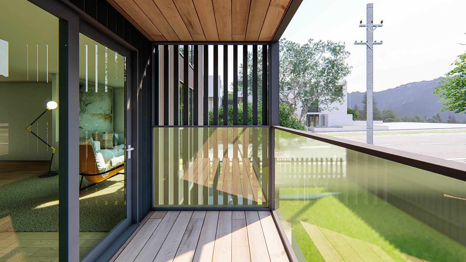 Design render of a first-floor balcony behind a timber screen, Takapuna