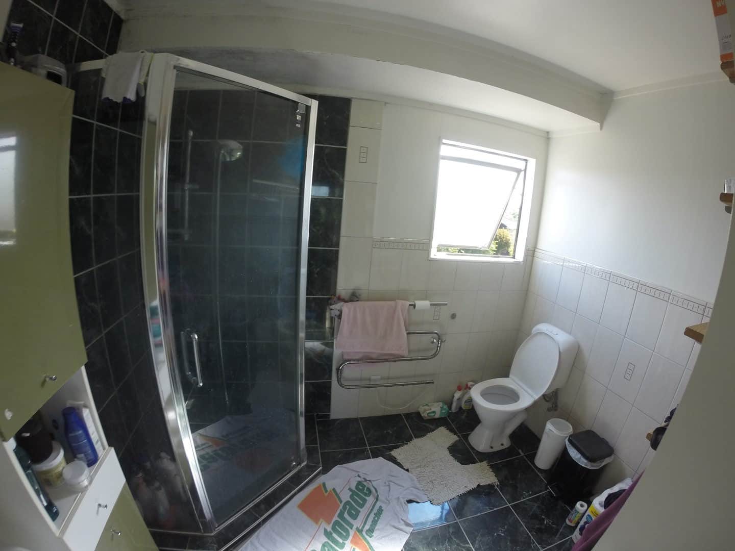Existing bathroom with dark tiling, a curved shower and toilet, West Harbour